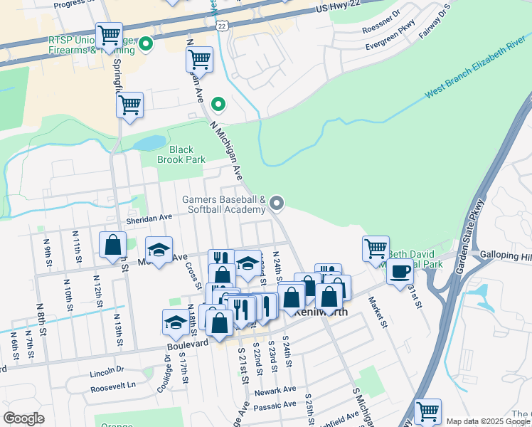 map of restaurants, bars, coffee shops, grocery stores, and more near 1 Boyd Terrace in Kenilworth