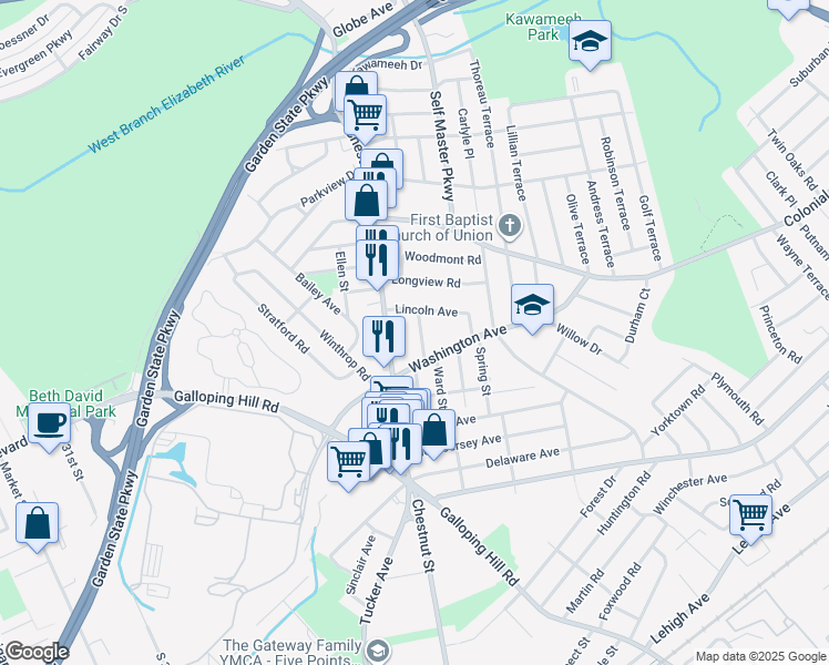 map of restaurants, bars, coffee shops, grocery stores, and more near 428 Rosetta Place in Union