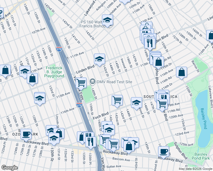 map of restaurants, bars, coffee shops, grocery stores, and more near 115-29 142nd Street in Queens