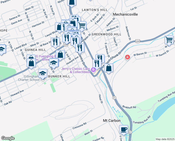 map of restaurants, bars, coffee shops, grocery stores, and more near 325 North Centre Street in Pottsville