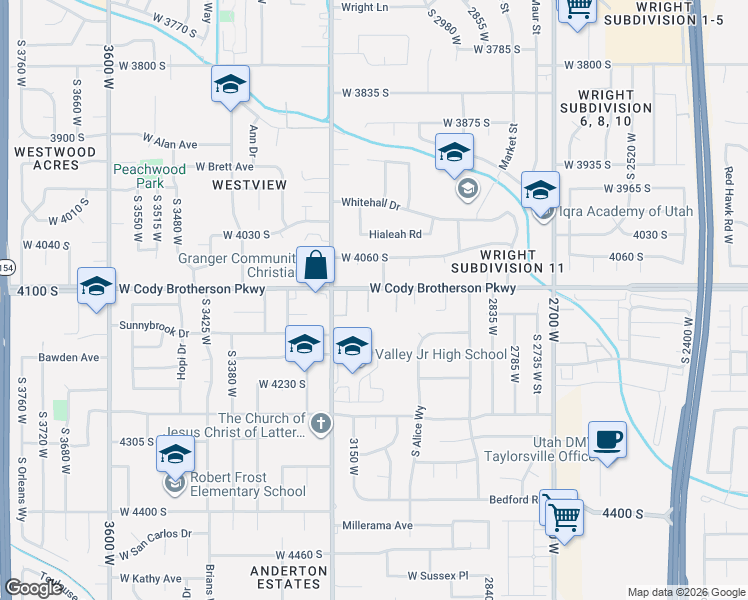 map of restaurants, bars, coffee shops, grocery stores, and more near 4115 Middle Park Lane in West Valley City