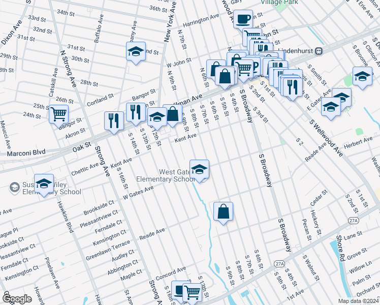 map of restaurants, bars, coffee shops, grocery stores, and more near 245 South 9th Street in Lindenhurst