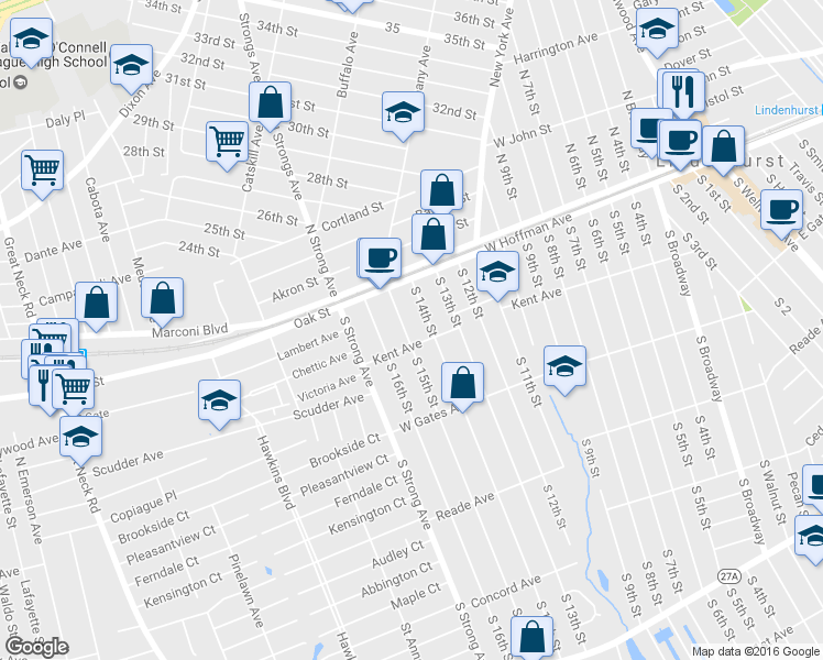 map of restaurants, bars, coffee shops, grocery stores, and more near 178 S 15th St in Lindenhurst