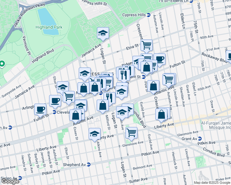 map of restaurants, bars, coffee shops, grocery stores, and more near 250 Richmond Street in Brooklyn