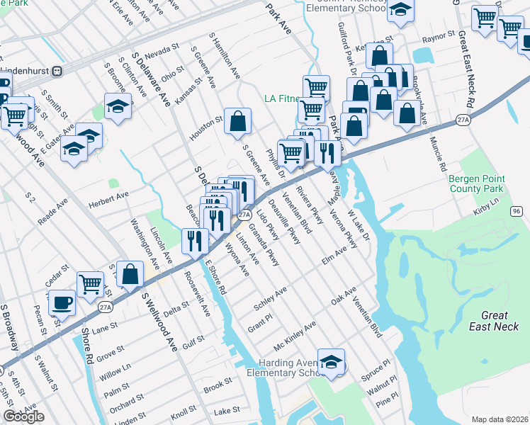map of restaurants, bars, coffee shops, grocery stores, and more near 219A Montauk Highway in Lindenhurst