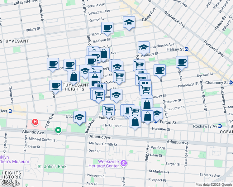 map of restaurants, bars, coffee shops, grocery stores, and more near 276 Bainbridge Street in Brooklyn