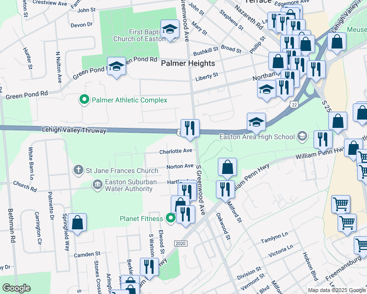 map of restaurants, bars, coffee shops, grocery stores, and more near 2831 Charlotte Avenue in Easton