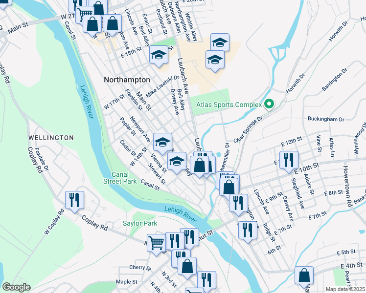 map of restaurants, bars, coffee shops, grocery stores, and more near 1329 Main Street in Northampton