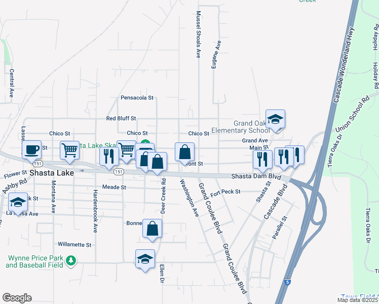map of restaurants, bars, coffee shops, grocery stores, and more near 4832 Main St in Shasta Lake