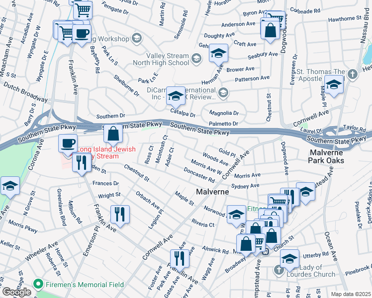 map of restaurants, bars, coffee shops, grocery stores, and more near 48 Adair Court in Malverne