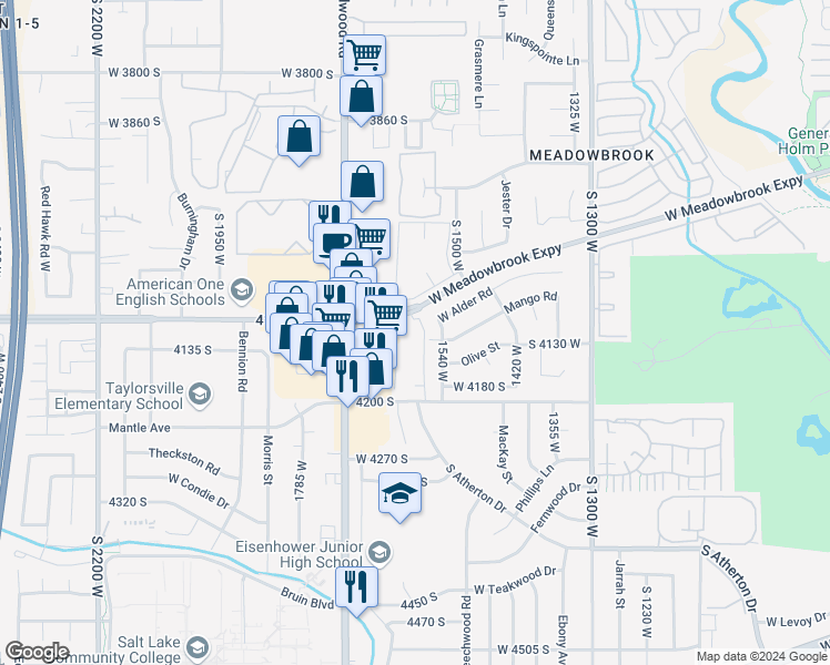 map of restaurants, bars, coffee shops, grocery stores, and more near 4116 South Oak Meadows Drive in Taylorsville