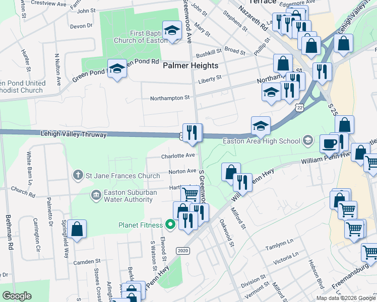 map of restaurants, bars, coffee shops, grocery stores, and more near 2831 Charlotte Avenue in Easton