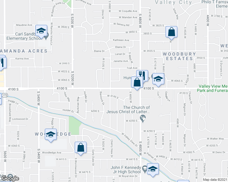 map of restaurants, bars, coffee shops, grocery stores, and more near 4957 West 4100 South in Salt Lake City