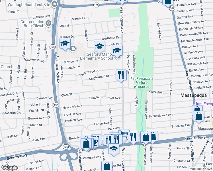 map of restaurants, bars, coffee shops, grocery stores, and more near 1716 Monroe Avenue in Seaford