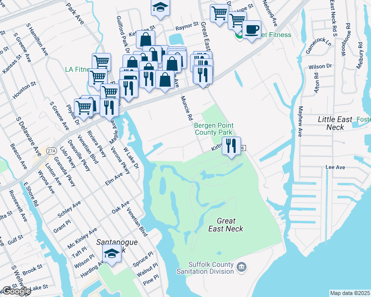 map of restaurants, bars, coffee shops, grocery stores, and more near 160 Milligan Road in West Babylon