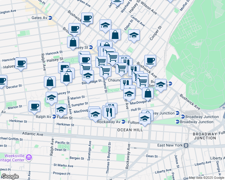 map of restaurants, bars, coffee shops, grocery stores, and more near 379 Marion Street in Brooklyn