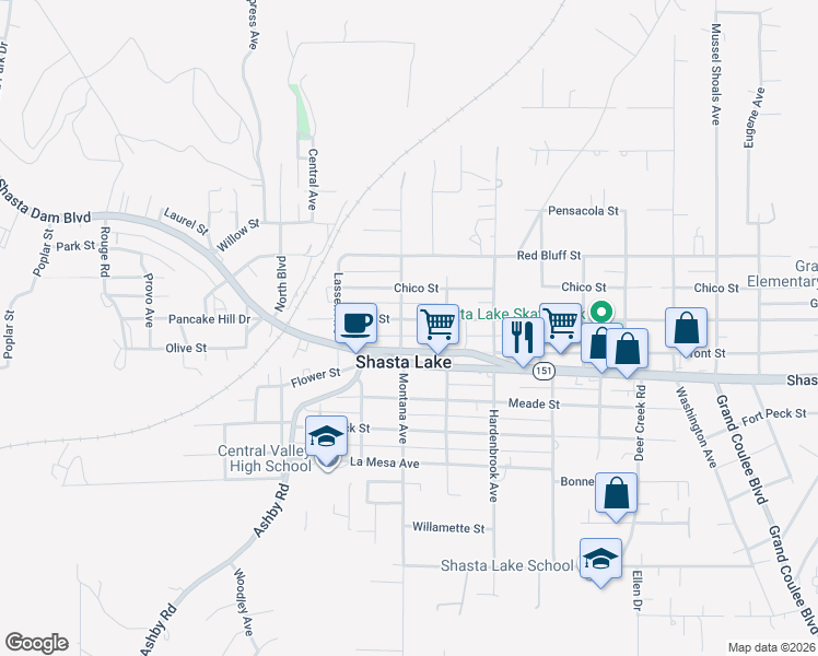 map of restaurants, bars, coffee shops, grocery stores, and more near 4210 Main Street in Shasta Lake
