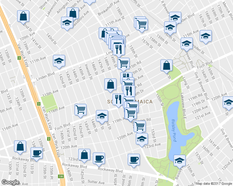 map of restaurants, bars, coffee shops, grocery stores, and more near 116-16 148th Street in Queens