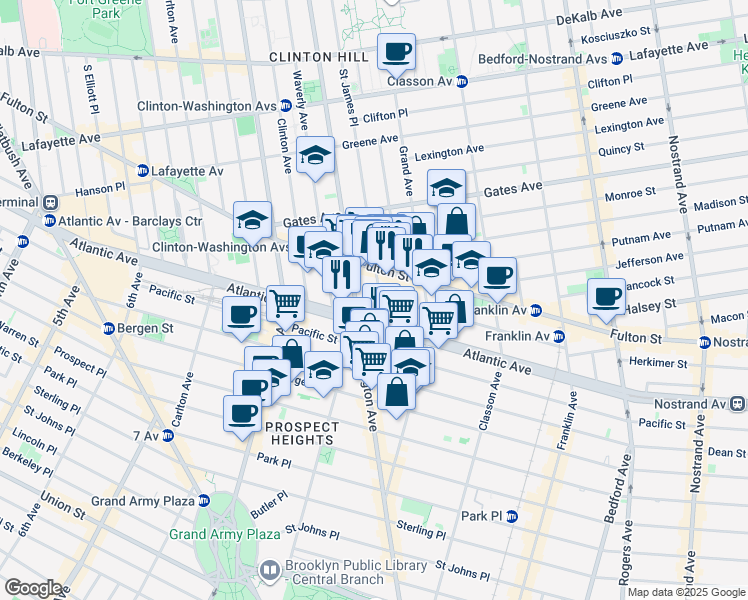 map of restaurants, bars, coffee shops, grocery stores, and more near 298 Saint James Place in Brooklyn