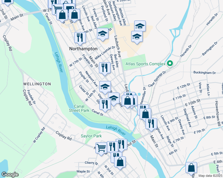 map of restaurants, bars, coffee shops, grocery stores, and more near 1344 Main Street in Northampton