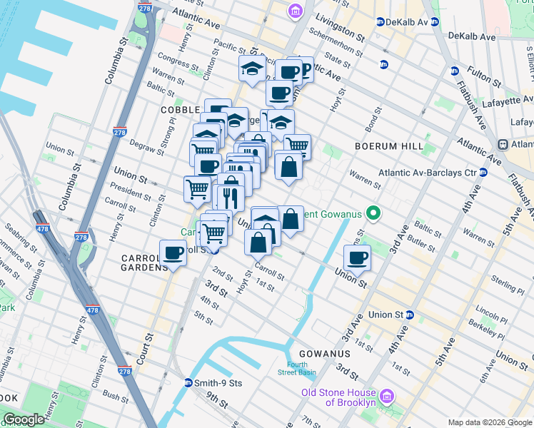 map of restaurants, bars, coffee shops, grocery stores, and more near 401 Sackett Street in Brooklyn