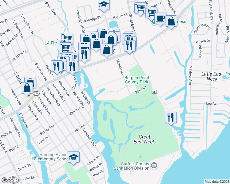 map of restaurants, bars, coffee shops, grocery stores, and more near 11 Commodore Lane in West Babylon