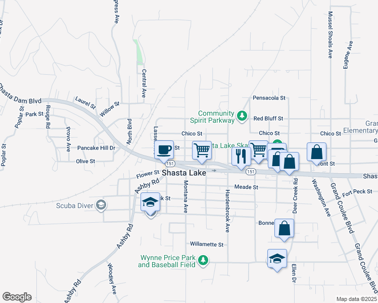 map of restaurants, bars, coffee shops, grocery stores, and more near 4218 Main Street in Shasta Lake
