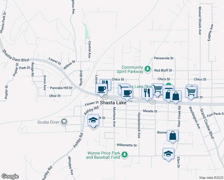 map of restaurants, bars, coffee shops, grocery stores, and more near 4176 Main Street in Shasta Lake