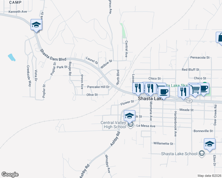 map of restaurants, bars, coffee shops, grocery stores, and more near 1521 Givan St in Shasta Lake
