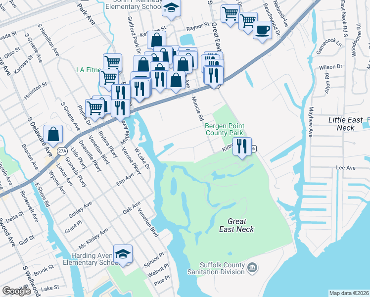 map of restaurants, bars, coffee shops, grocery stores, and more near 160 Milligan Road in West Babylon