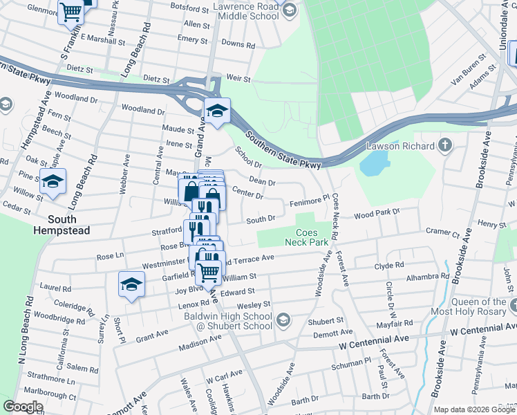 map of restaurants, bars, coffee shops, grocery stores, and more near 801 South Drive in Baldwin
