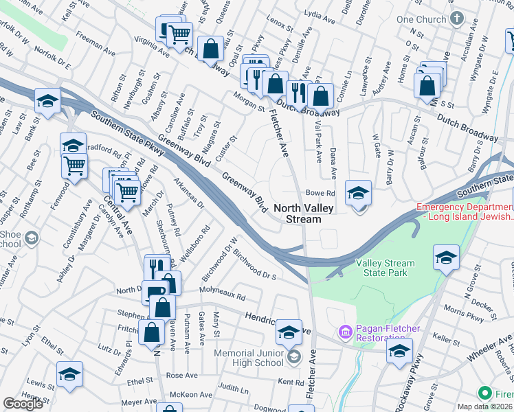 map of restaurants, bars, coffee shops, grocery stores, and more near 1665 Mark Place in Valley Stream