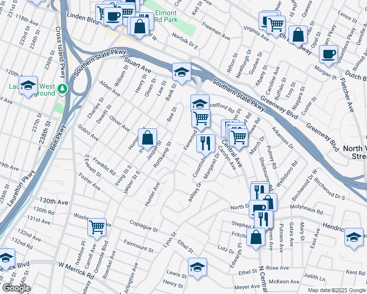 map of restaurants, bars, coffee shops, grocery stores, and more near 985 Fenwood Drive in Valley Stream