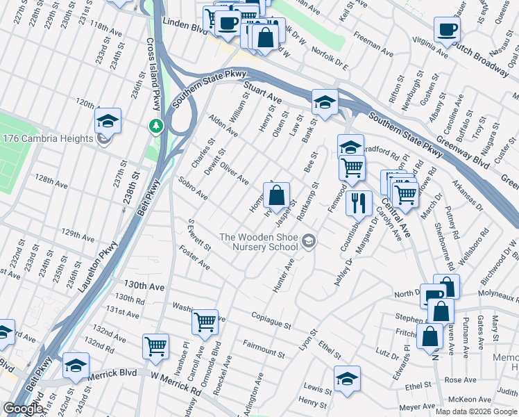 map of restaurants, bars, coffee shops, grocery stores, and more near 11 Irving Street in Valley Stream