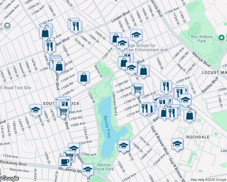 map of restaurants, bars, coffee shops, grocery stores, and more near 118-39 Lakeview Boulevard East in Queens