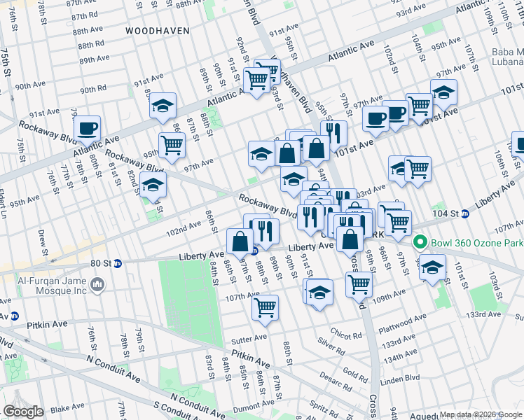 map of restaurants, bars, coffee shops, grocery stores, and more near 89-20 102nd Road in Queens