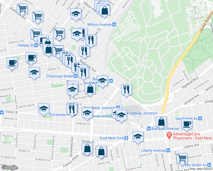 map of restaurants, bars, coffee shops, grocery stores, and more near in Brooklyn