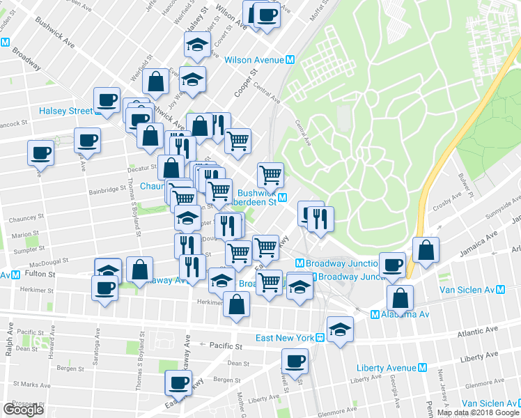 map of restaurants, bars, coffee shops, grocery stores, and more near in Brooklyn
