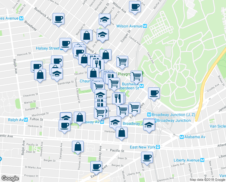 map of restaurants, bars, coffee shops, grocery stores, and more near 389 Sumpter Street in Brooklyn