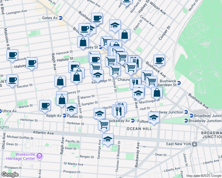 map of restaurants, bars, coffee shops, grocery stores, and more near 341 Marion Street in Brooklyn