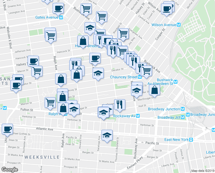 map of restaurants, bars, coffee shops, grocery stores, and more near 341 Marion Street in Brooklyn