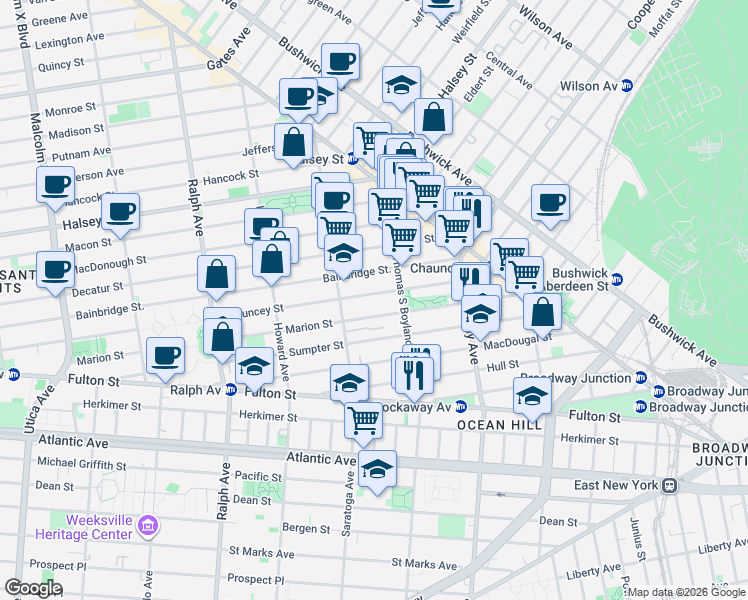 map of restaurants, bars, coffee shops, grocery stores, and more near 341 Marion Street in Brooklyn