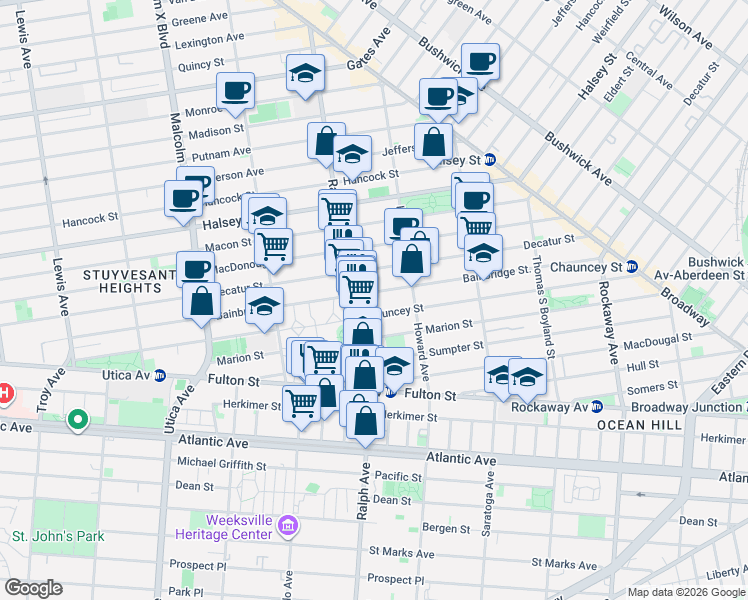 map of restaurants, bars, coffee shops, grocery stores, and more near 323 Chauncey Street in Brooklyn