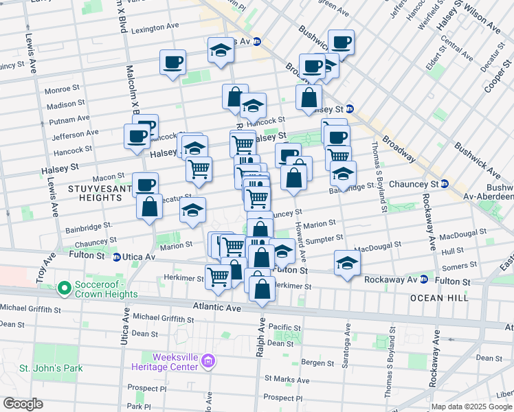 map of restaurants, bars, coffee shops, grocery stores, and more near 323 Chauncey Street in Brooklyn