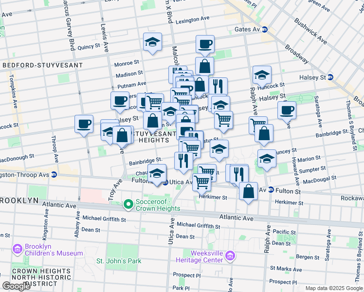 map of restaurants, bars, coffee shops, grocery stores, and more near 332 Malcolm X Boulevard in Brooklyn