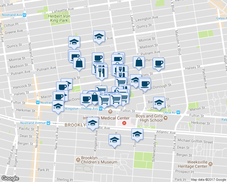 map of restaurants, bars, coffee shops, grocery stores, and more near 165 MacDonough Street in Brooklyn