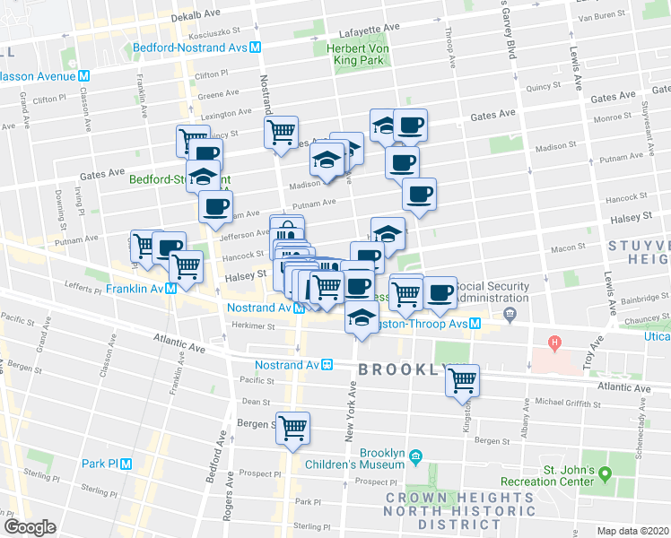 map of restaurants, bars, coffee shops, grocery stores, and more near 67 Macon Street in Brooklyn