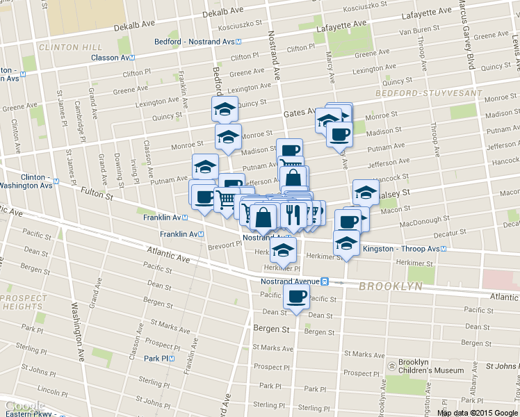 map of restaurants, bars, coffee shops, grocery stores, and more near 44 Halsey Street in Brooklyn