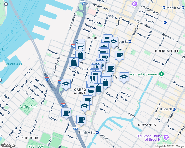 map of restaurants, bars, coffee shops, grocery stores, and more near 423 Clinton Street in Brooklyn