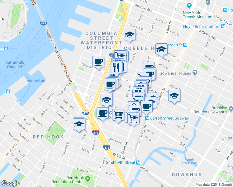 map of restaurants, bars, coffee shops, grocery stores, and more near 166 Carroll Street in Brooklyn